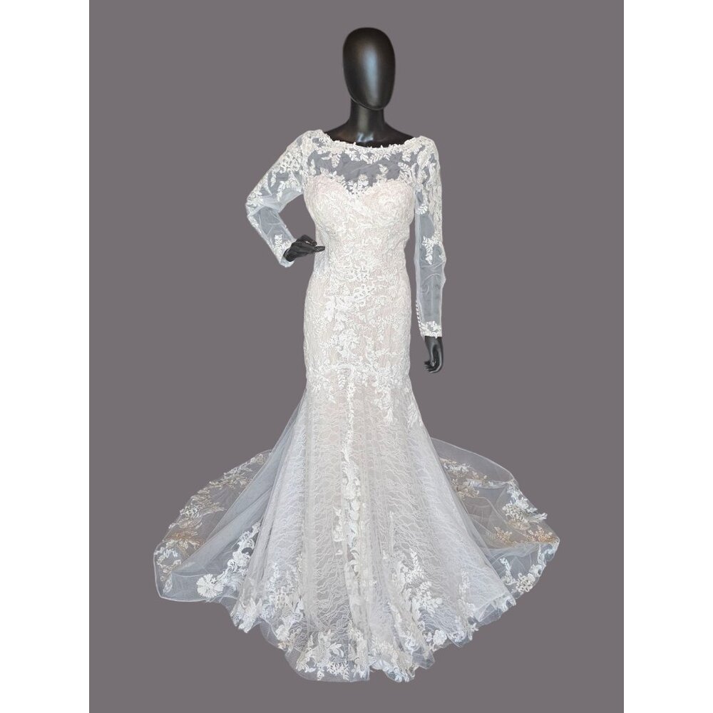 Blush Illusion Boat Neck Long Slve Fit/Flare Lace Wedding Gown - Stella Couture